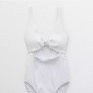 Aerie Ribbed Knot One-Piece Swimsuit in White